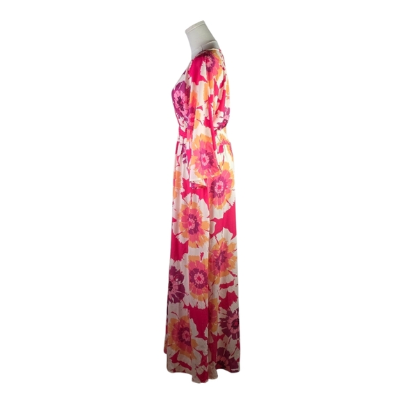 Flying Tomato Pink Floral Maxi Dress M Boho Kimono Sleeve Smocked Waist - Picture 5 of 12